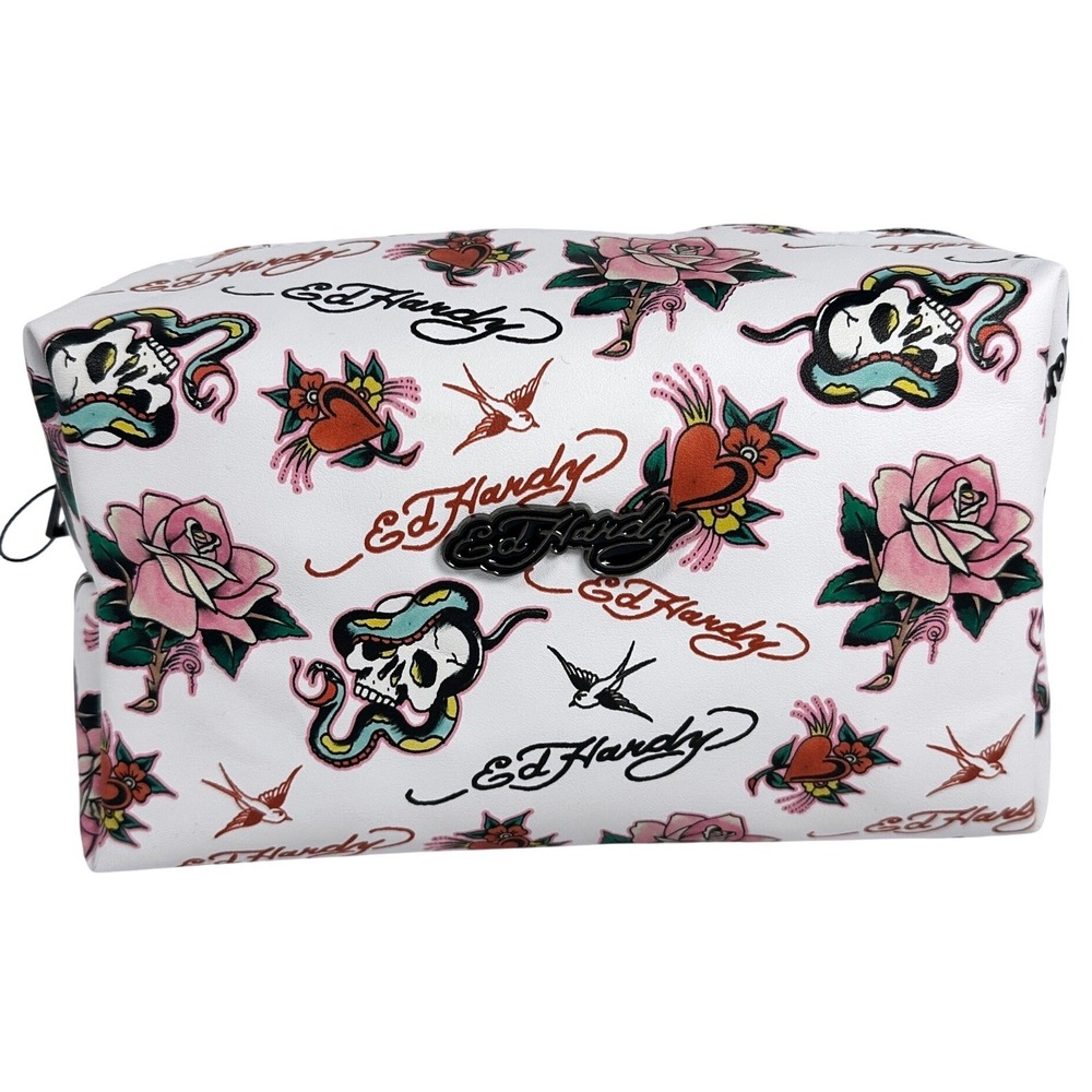 Ed Hardy Loaf Style Cosmetic Bag White Tattoo Print Vegan Leather Makeup Pouch